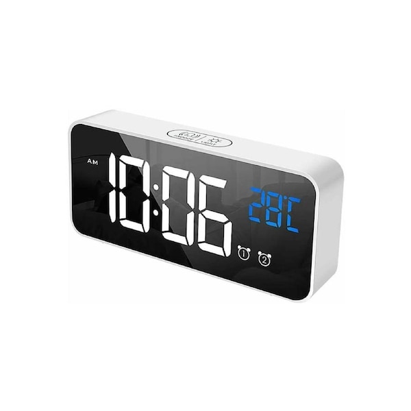TODO LED Digital Alarm Clock Temperature Music Alarm USB Rechargeable - White