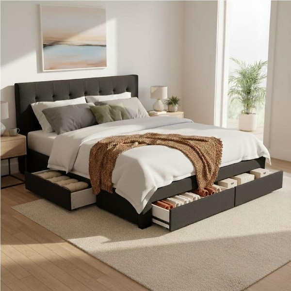 Levede Queen Bed Frame with 4 Drawers Storage Tufted Grey