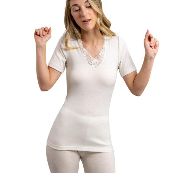 Womens Thermals Underwear Short Sleeve Merino Wool Blend Top Lace Motif - Beige Small (12)