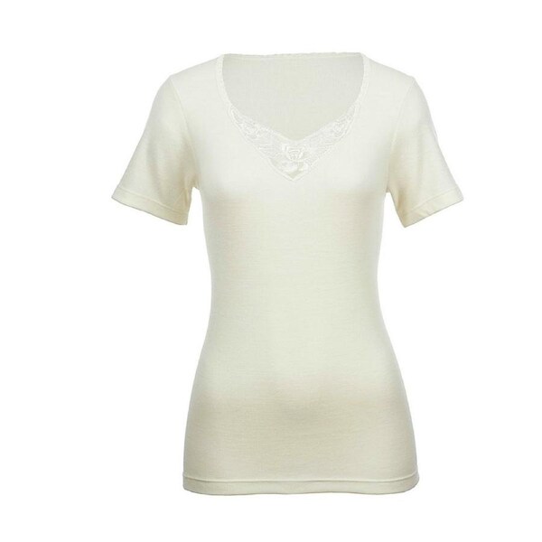 100% Pure Merino Wool Womens Short Sleeve Thermal Top Woolmark Thermals Fleece Natural / XXX-Large (Size 22)