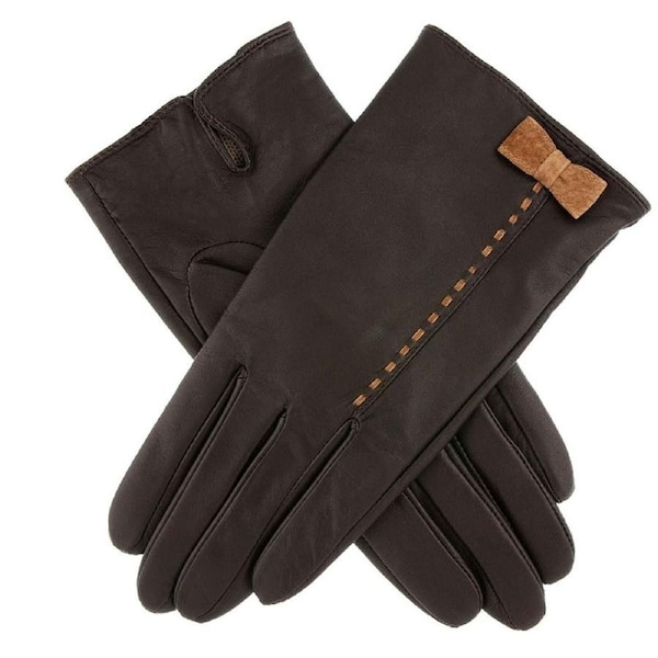 Dents Womens Fern Leather Bow Gloves - Mocca/Chilli Medium