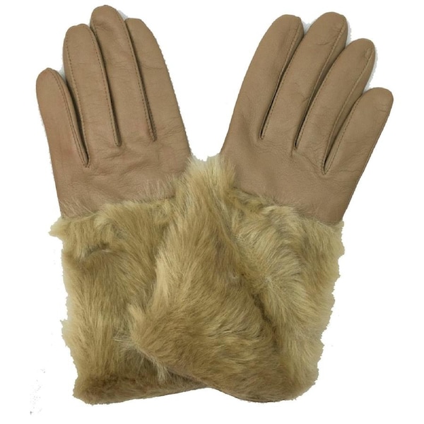 DENTS Womens Hair Sheep Leather Gloves Faux Fur Piped Cuff Elasticised 7-2383 Almond/Camel / 7