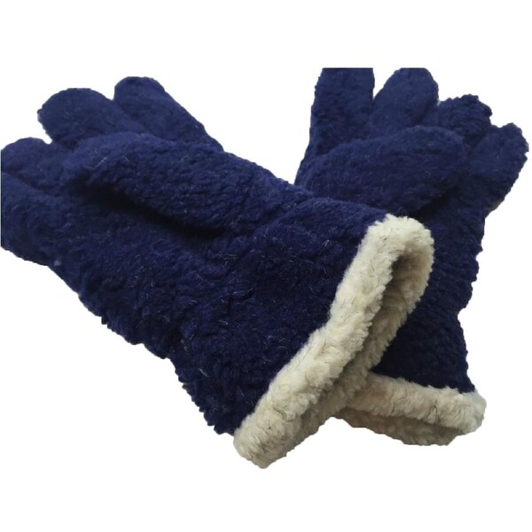 Thick FLEECY Boucle Warm Gloves Winter Knit Fluffy Warm Wrist Length Plush Ski Navy / L