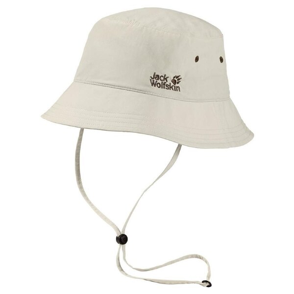 Jack Wolfskin Bucket Hat w Chin Strap Supplex Sun Hat Fishing Hiking UV Protection White Sand / Large
