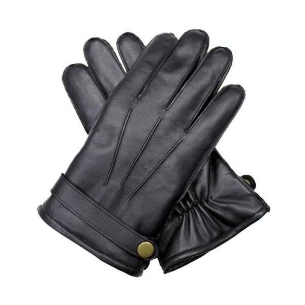 Dents Mens Wool Knit Lined Leather Gloves with Strap and Stud Warm Winter - Black Large