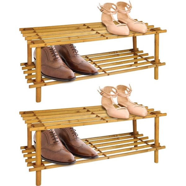 2PK Boxsweden 2 Tier 70cm Wooden Shoe Rack Wood Storage Home Organiser Stand BR