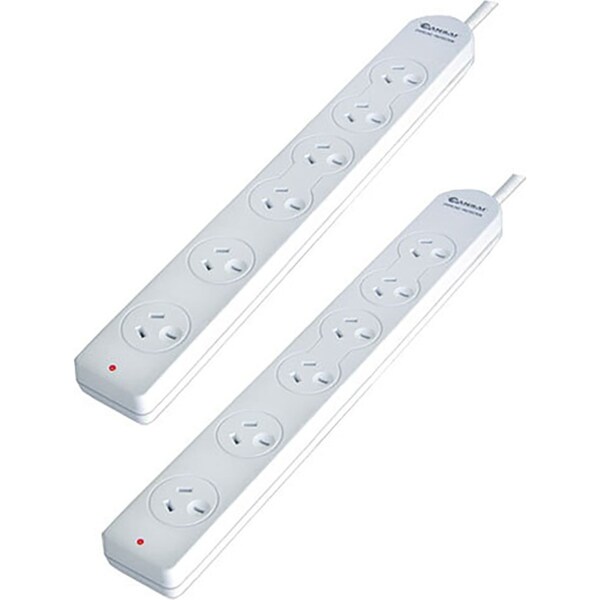2x Sansai 6-Way Overload Protected Powerboard 1m Lead Extension Cord Port White