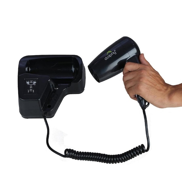 Dolphy Fast-Drying Wall Mounted Hair Dryer 1200W - Black ABS Plastic, Quiet Operation, Shaver Socket Included