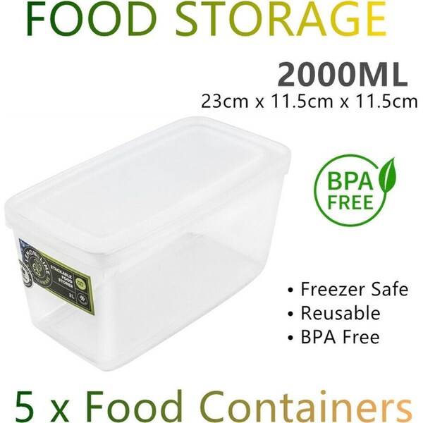 5x Food Storage Container with Lid 2L BPA FREE Plastic Box Lunchbox Meal Prep