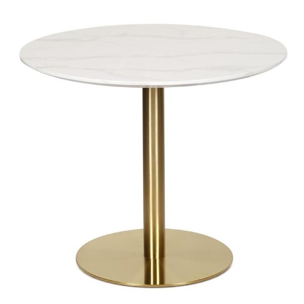Raimon Furniture Elskar Round Dining Table With Marble Effect 90cm - Gold Metal Frame - White Agaria