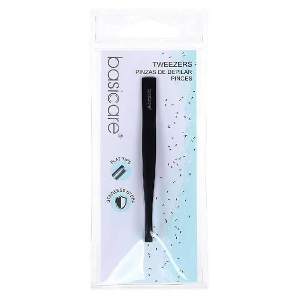 Basicare Flat Tip Matte Black Tweezers Stainless Steel Precision 8.5cm