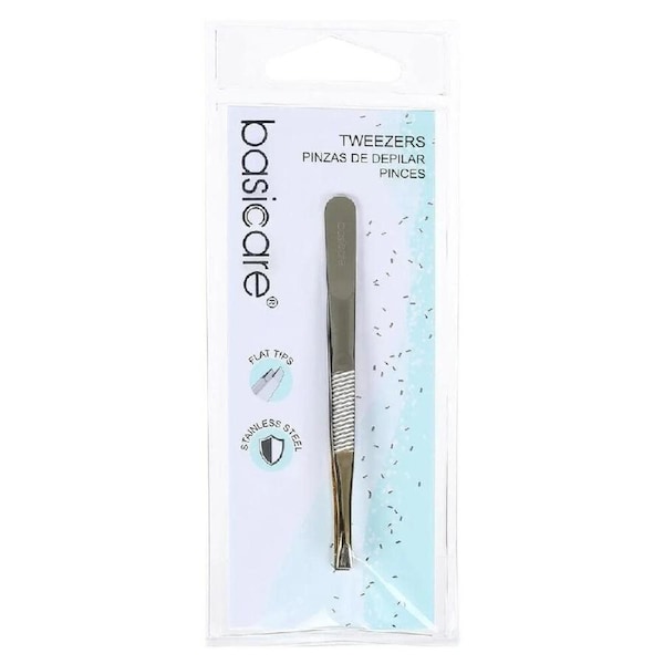 Basicare Flat Tip Tweezers with Half Gold Blade Stainless Steel 8.5cm