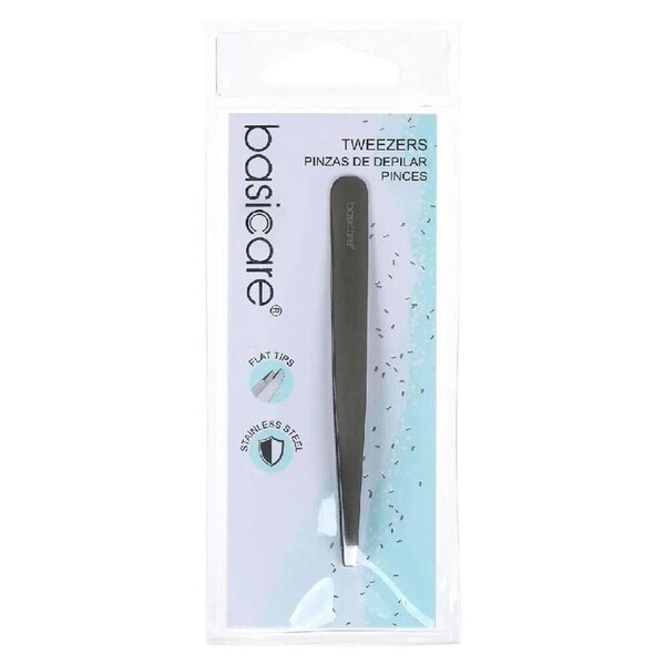 Basicare Satin Flat Tip Tweezers Stainless Steel 9cm Precision Hair Removal