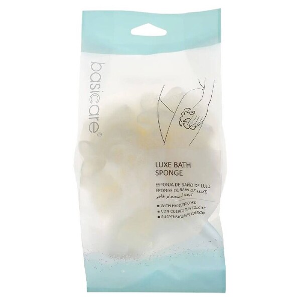 Basicare Luxe Bath Sponge Beige with Hanging Cord for Exfoliating and Cleansing
