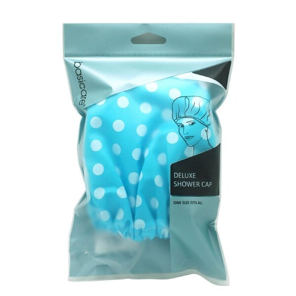 Basicare Deluxe Shower Cap Blue with White Dots Reusable Waterproof Hair Cover