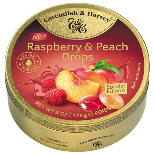 Cavendish & Harvey Raspberry & Peach Drops 175g Tin Sweets C&H Candy Lollies