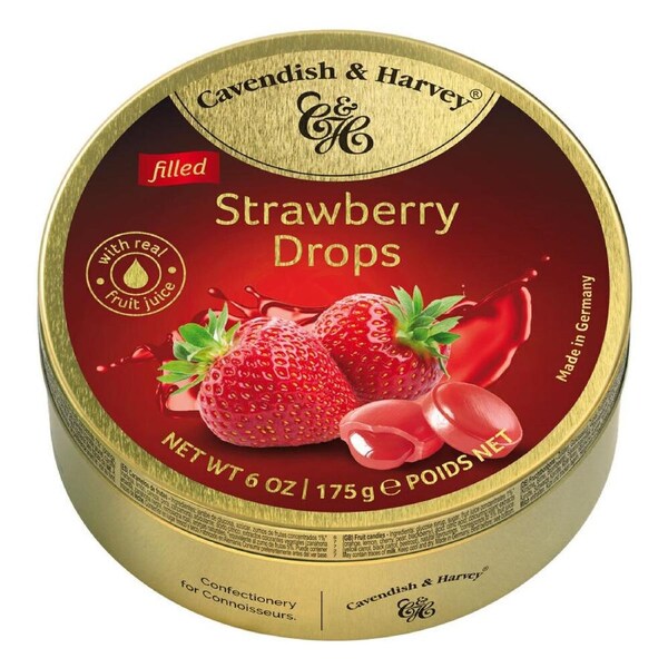 Cavendish & Harvey Strawberry Drops 175g Tin Sweets C&H Candy Lollies