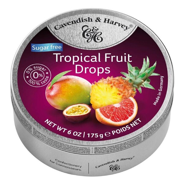 Cavendish & Harvey Tropical Fruit Drops 175g Tin Candy Lollies Sugar Free C&H
