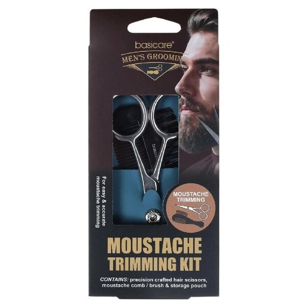 Basicare Mens Moustache Trimming Kit with Scissors Comb Brush and Pouch