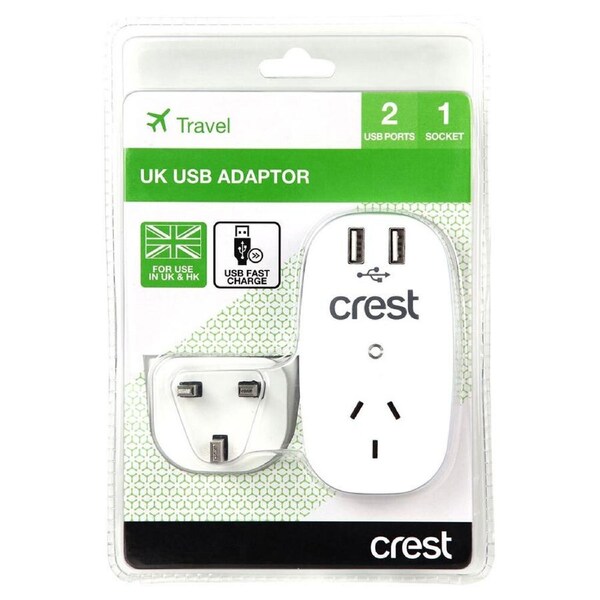 Crest Travel Electrical UK/HK/MY/SG 2 USB Fast Charge Port Adapter/AU Socket