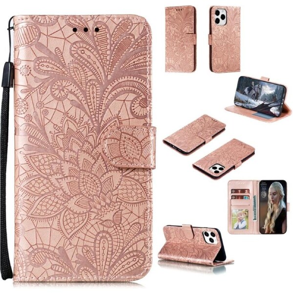 For iPhone 12 / 12 Pro Case, Lace Flower Folio PU Leather Case, Card Slots, Wallet, Rose Gold