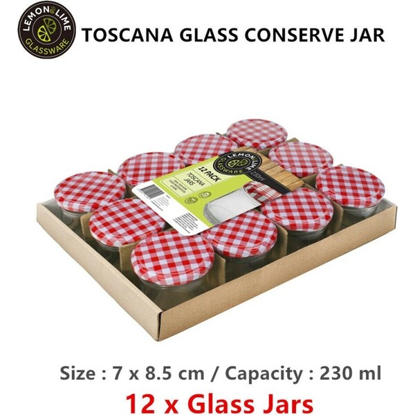 12 x 230ml Screw Top Premium Preserving Glass Jam Lolly Jar Pattern on Lid 7x8.5