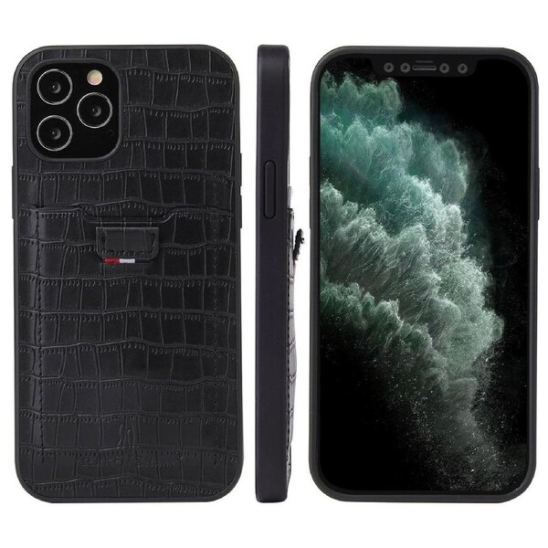 For iPhone 12 Pro/12 Case Crocodile Pattern PU Leather Card Slot Cover Black