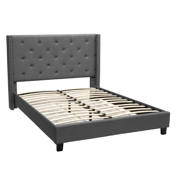 Foret Bed Frame Queen Base Bedroom Furniture Wooden Fabric Tufted Studs Grey