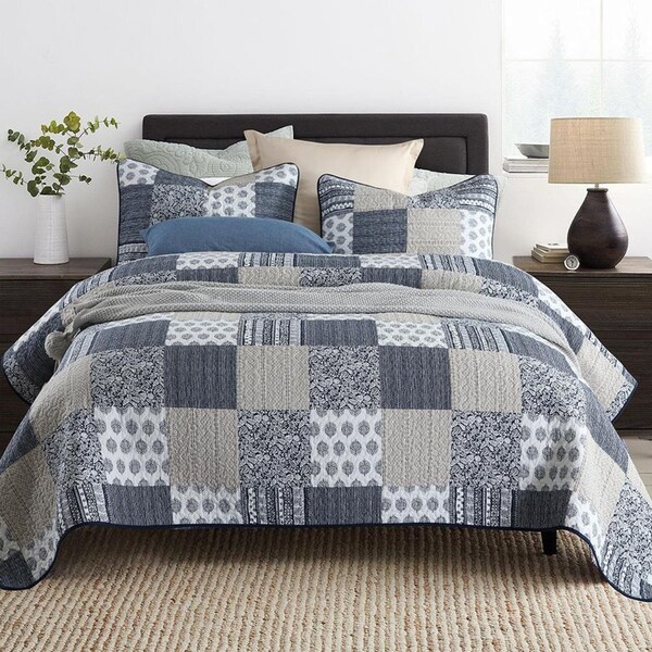 Luxury Quilted 100% Cotton Coverlet / Bedspread Set King / Super King Size Bed 250x270cm Black Forest