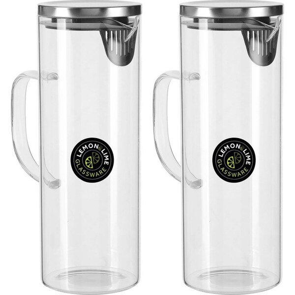 2x Lemon & Lime 1.8L 28cm Glass Cold/Drinks/Juice/Water Fridge Jug/Pitcher w/Lid