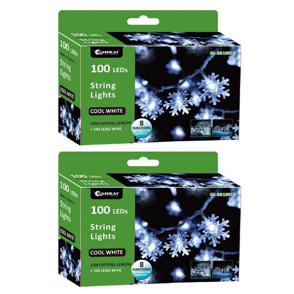 2x Sansai 100 LED Electric Snowflake Decor/Christmas String Lights Cool White