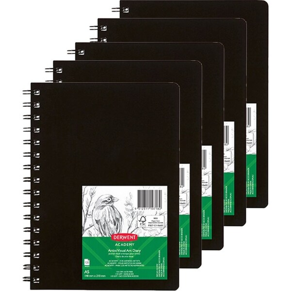 5pc Derwent Academy Spiral 110 gsm A5 120pg Artist/Paint Visual Art Diary Black