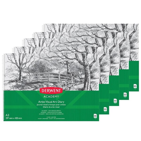 5pc Derwent Academy Spiral 350 gsm A3 80pg Artist/Paint Visual Art Diary/Pad