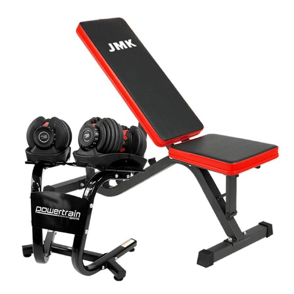 2x Powertrain 24kg Adjustable Dumbbells Weight w/ Stand and Exercise Bench