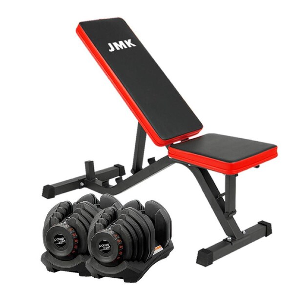 2x 40kg Powertrain Adjustable Dumbbells Home Gym Weight with Bench