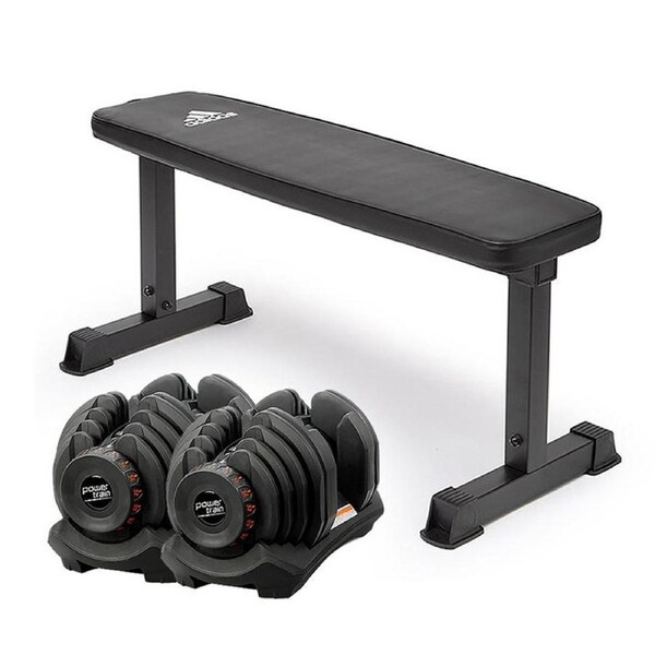2x 40kg Powertrain Adjustable Dumbbells Weights Home Gym w/10437 Adidas Bench