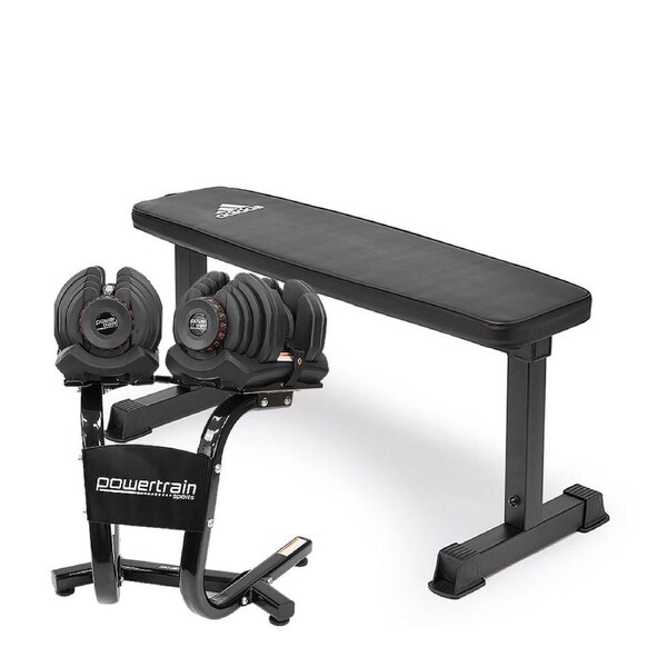 2x 40kg Powertrain Adjustable Dumbbells Weights and Stand w/10437 Adidas Bench
