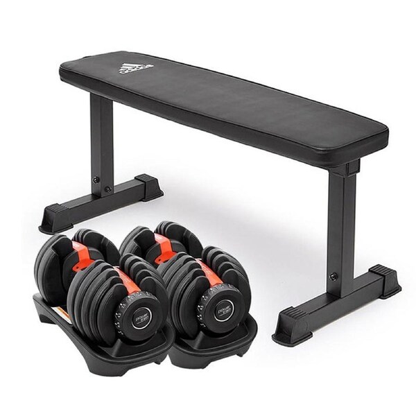 2x Powertrain 24kg Adjustable Dumbbell Home Gym Weights w/ 10437 Adidas Bench