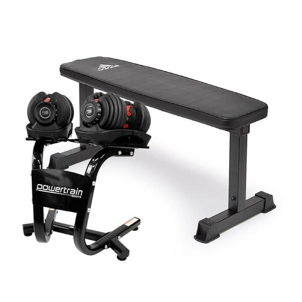 2x Powertrain 24kg Adjustable Dumbbells Weights w/Stand and 10437 Adidas Bench