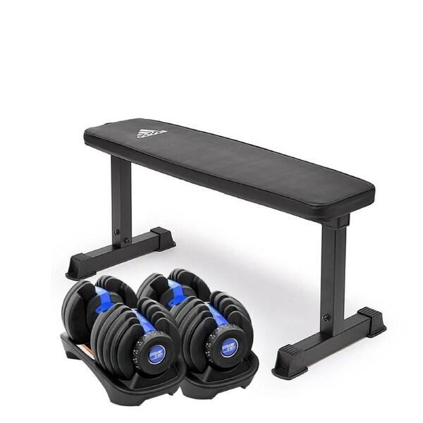 2x Powertrain 24kg Blue Adjustable Dumbbell Weights w/ 10437 Adidas Bench