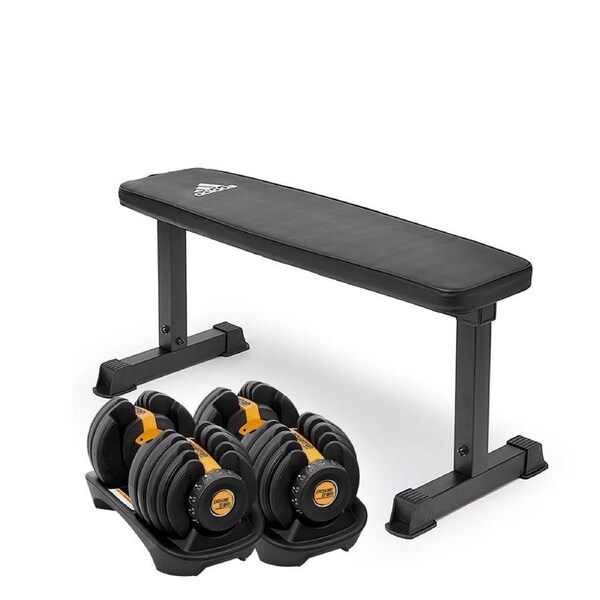 2x Powertrain 24kg Gold Adjustable Dumbbell Weights Gym w/ 10437 Adidas Bench