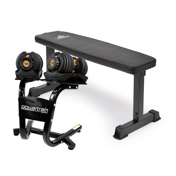 2x Powertrain 24kg Gold Adjustable Dumbbells Weights w/ Stand and 10437 Bench