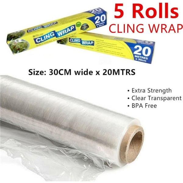 5 Roll HeavyDuty Cling Wrap Kitchen Fresh Food Storage Clear Foil Film Dispenser