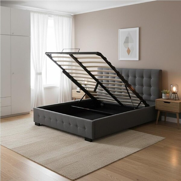 Levede Bed Frame Double Fabric Gas Lift with Storage Dark Grey