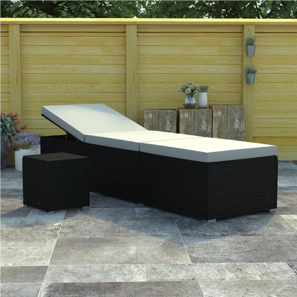 Sun Lounger with Cushion and Tea Table Poly Rattan Cream White vidaXL
