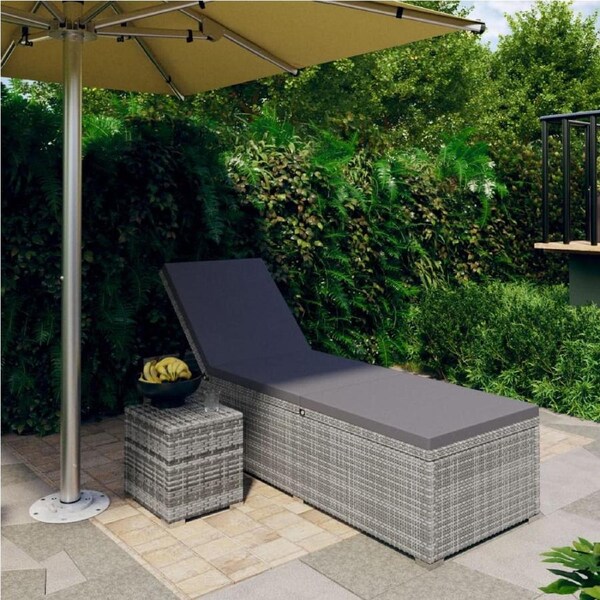 Sun Lounger with Cushion and Tea Table Poly Rattan Grey vidaXL