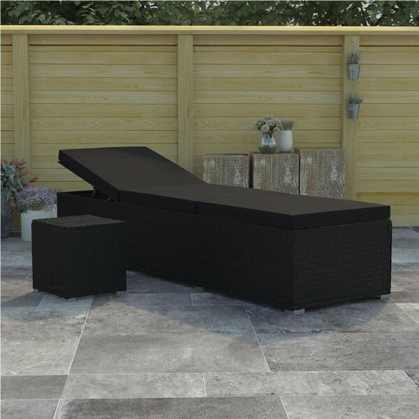 Sun Lounger with Cushion and Tea Table Poly Rattan Black vidaXL