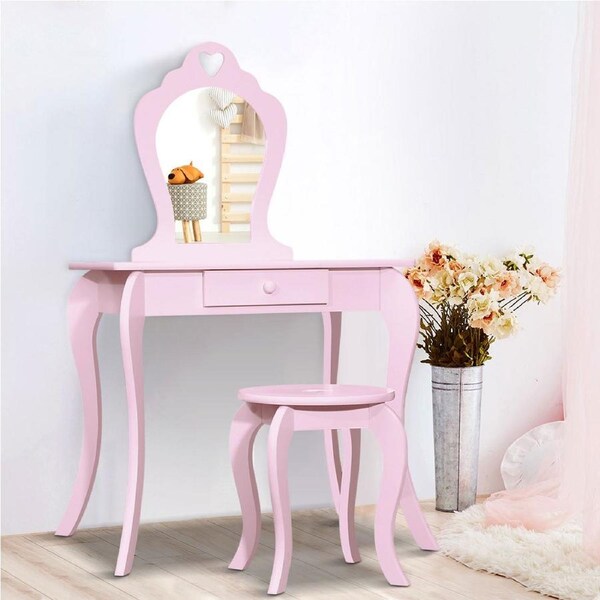 1 Set Keezi Kids Dressing Table Stool 2 in 1 Vanity Mirror Princess Children Makeup Pink