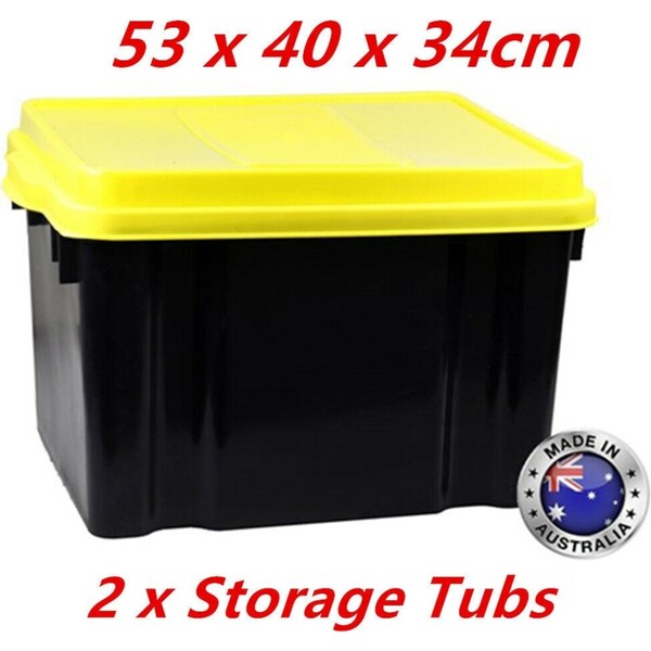 2 x Black Plastic Storage Tub 42L Yellow Lid 53x40x34cm Heavy Duty Container