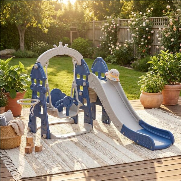 Bopeep Kids Slide Swing Set with Basketball Hoop Activity Center Toddler Play (180 x 143 x 122cm) - Blue